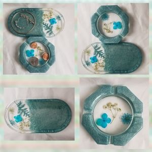 Resin Trinket Tray and Dish with Blue Flowers